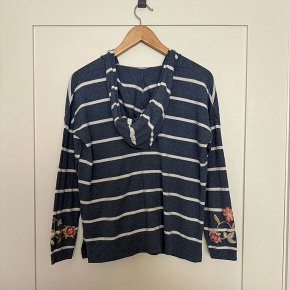 J Jill Sweater Sz XS Petite Blue Striped V Neck Embroidered Hooded Oversized - Picture 8 of 14